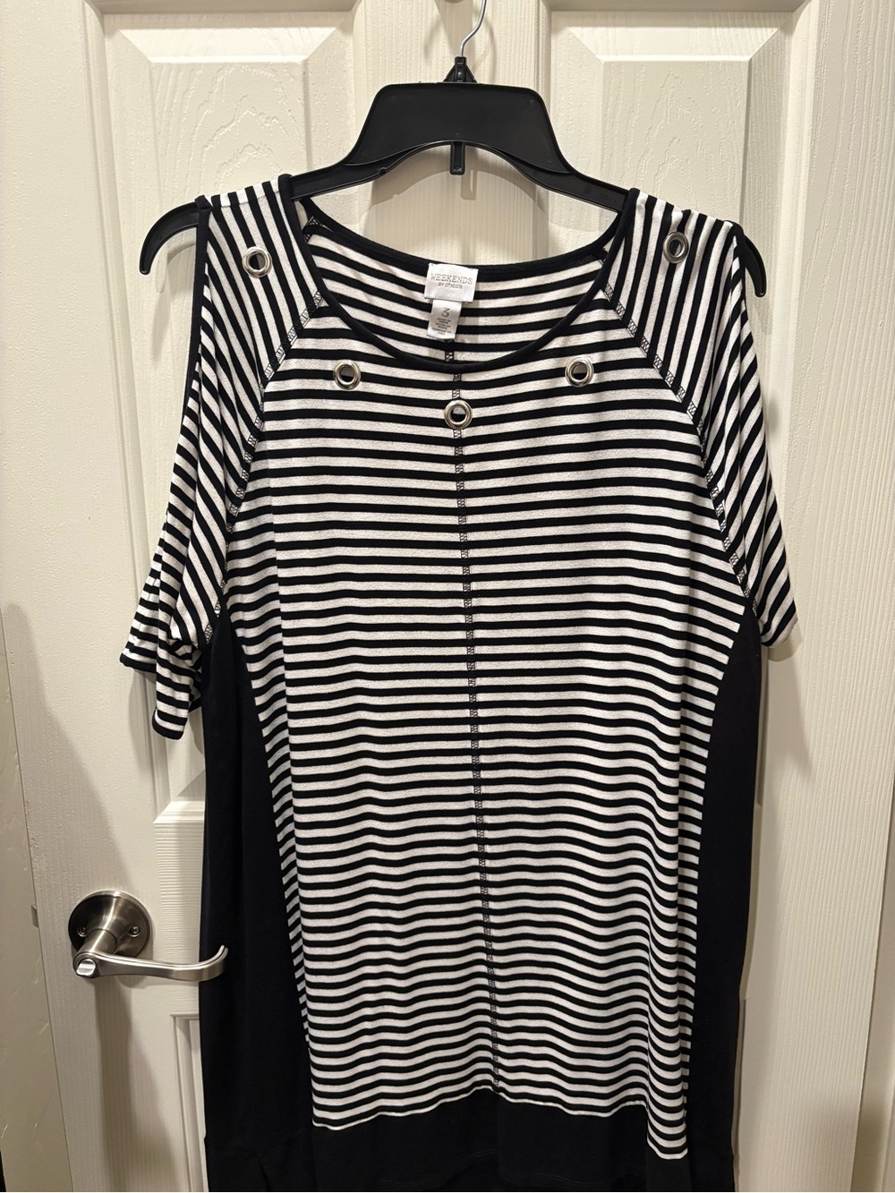 Size 3 Chico's Black and White Striped Cold-Shoulder Tee with Grommets